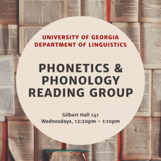 Phonetics and Phonology Reading Group Flyer with text in beige circle and a background of open books