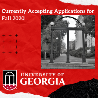 Image of UGA Arch on Red and Black Banner advertising graduate school application deadline
