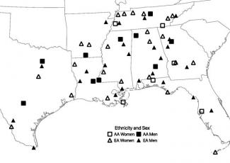 Figure 2 from article showing Speakers in DASS, plotted by hometown on map of southern United States